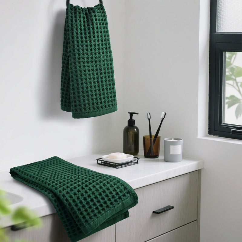 Jacquotha Waffle Hand Towels Set of 2 (Hunter-Green) â€“ Cotton, Quick Dry, Lint Free, 13â€ x 29â€, Bathroom Decor & Kitchen Towels - Image 5