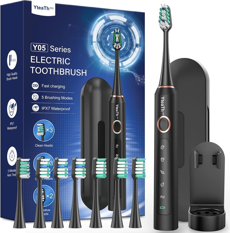 YTEATH PRO Electric Sonic Toothbrush for Adults, Electric Toothbrush with 8 Heads and Travel Case, 5 Modes, IPX7 Waterproof, Electric Ultrasonic Toothbrush, Jet Black - Image 1