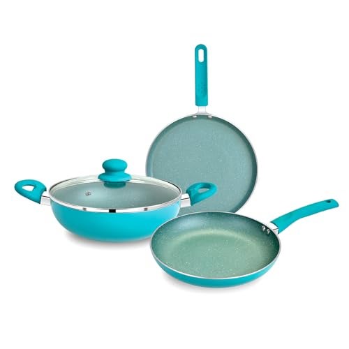 BERGNER Aluminium Jazz Non Stick Cookware Set 4Pc-Kadhai with Glass Lid 24Cm, Dosa Tawa 28Cm, Frypan 24Cm with Induction Compatible, Soft Touch Handles, Pfoa Free, Blue - Image 1