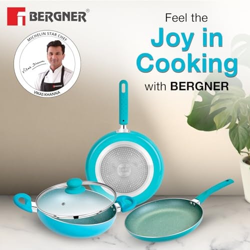 BERGNER Aluminium Jazz Non Stick Cookware Set 4Pc-Kadhai with Glass Lid 24Cm, Dosa Tawa 28Cm, Frypan 24Cm with Induction Compatible, Soft Touch Handles, Pfoa Free, Blue - Image 2