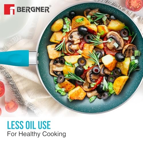 BERGNER Aluminium Jazz Non Stick Cookware Set 4Pc-Kadhai with Glass Lid 24Cm, Dosa Tawa 28Cm, Frypan 24Cm with Induction Compatible, Soft Touch Handles, Pfoa Free, Blue - Image 3