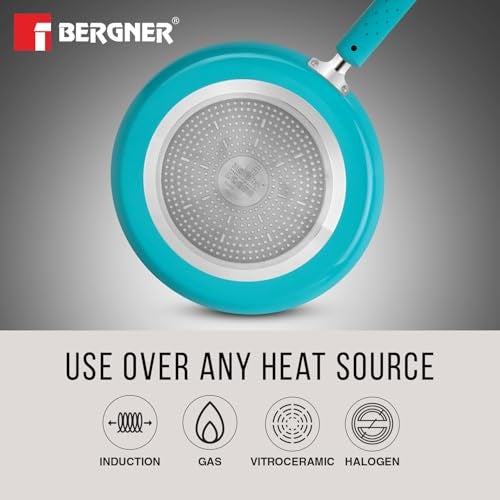 BERGNER Aluminium Jazz Non Stick Cookware Set 4Pc-Kadhai with Glass Lid 24Cm, Dosa Tawa 28Cm, Frypan 24Cm with Induction Compatible, Soft Touch Handles, Pfoa Free, Blue - Image 4
