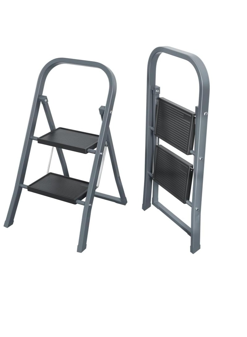 EASYSPEED Folding Ladder – 2-Step Stainless Steel Ladder – Non-Slip – Supports up to 150 kg – Grey - Image 1