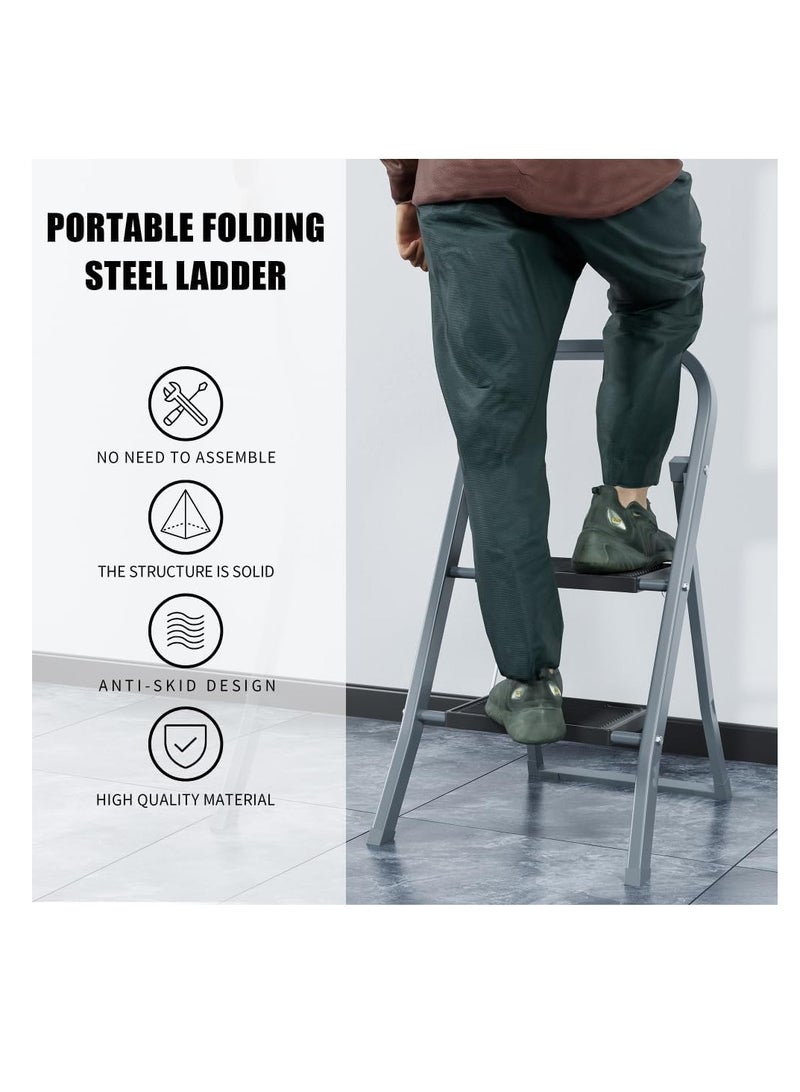 EASYSPEED Folding Ladder – 2-Step Stainless Steel Ladder – Non-Slip – Supports up to 150 kg – Grey - Image 3
