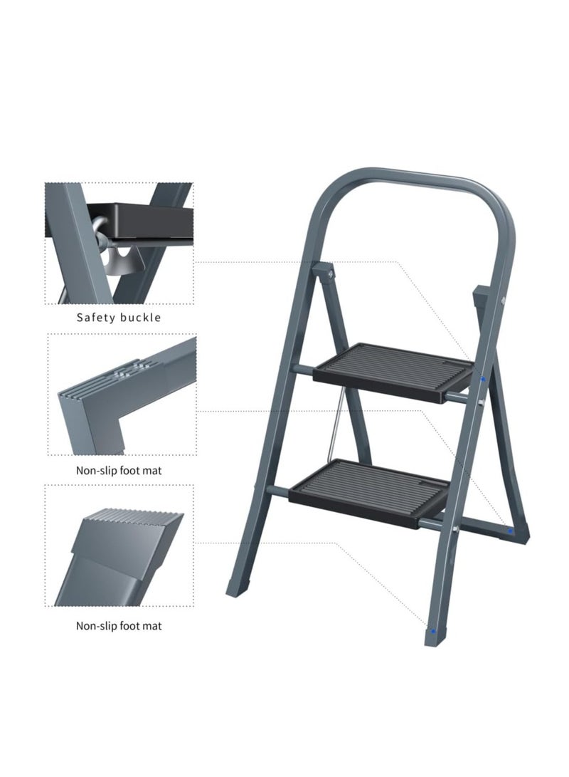 EASYSPEED Folding Ladder – 2-Step Stainless Steel Ladder – Non-Slip – Supports up to 150 kg – Grey - Image 4