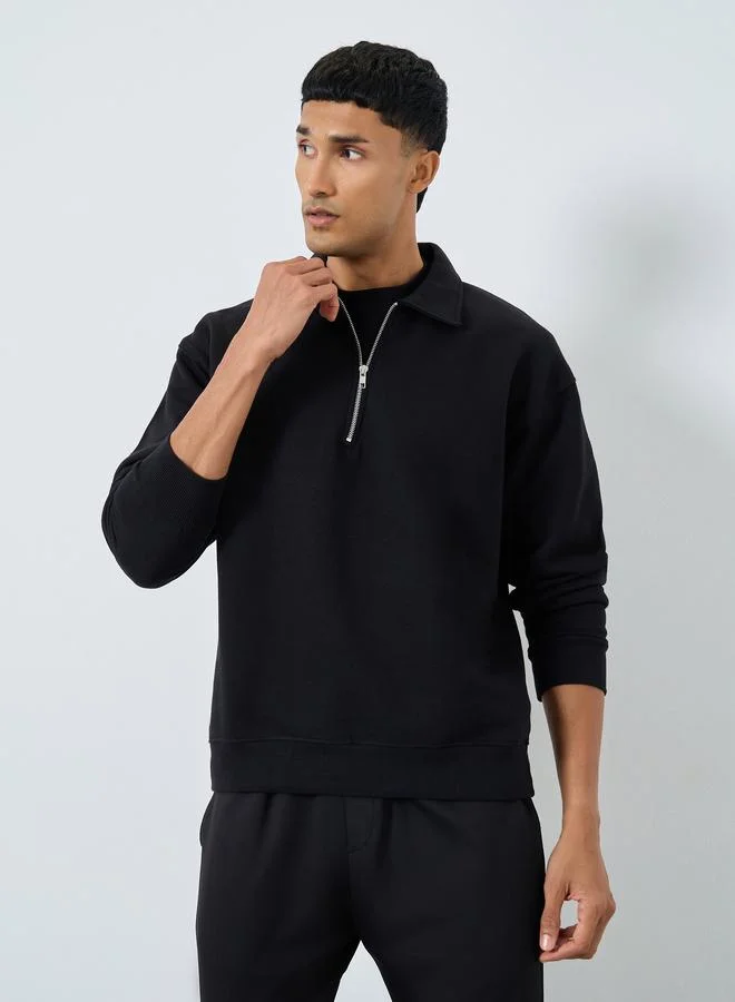 Styli Men Black Solid Zip-Up Sweatshirt