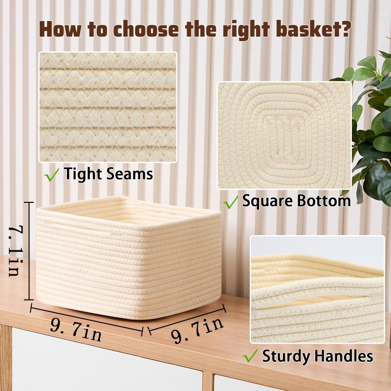 MiniArk Small Organizing Baskets for Cubes Shelf, 9.7x9.7x7.1 Inch Rope Woven Storage Bins for Nursery Shelves Storage, Cute Toy Basket, Square 3 Packs Gradient Brown - Image 2
