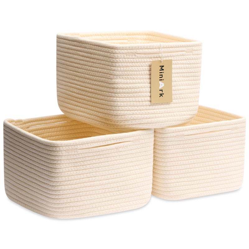MiniArk Small Organizing Baskets for Cubes Shelf, 9.7x9.7x7.1 Inch Rope Woven Storage Bins for Nursery Shelves Storage, Cute Toy Basket, Square 3 Packs Gradient Brown - Image 1
