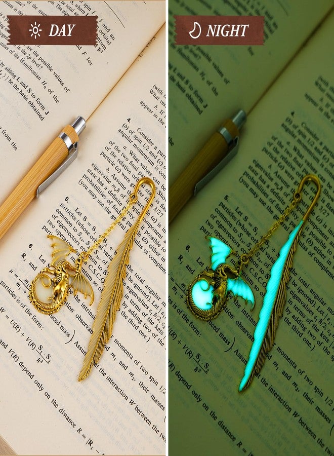 ليزمارك قطعتان من فواصل الكتب على شكل تنين بريشة، فاصل كتب معدني يضيء في الظلام، فواصل كتب رائعة لمحبي الكتب، هدايا قراءة للرجال والنساء (ذهبي وفضي) - Image 2