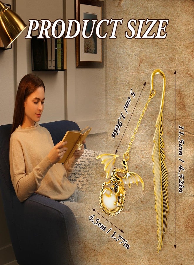 ليزمارك قطعتان من فواصل الكتب على شكل تنين بريشة، فاصل كتب معدني يضيء في الظلام، فواصل كتب رائعة لمحبي الكتب، هدايا قراءة للرجال والنساء (ذهبي وفضي) - Image 4