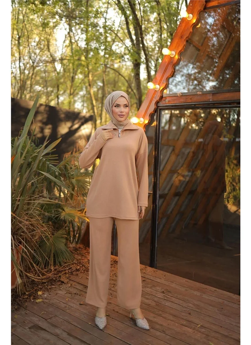 بي ويست Zipper Collar Plain Sweat Two Piece Set - 71221.026 - Beige
