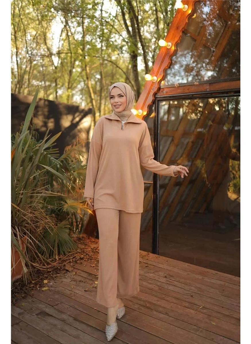 بي ويست Zipper Collar Plain Sweat Two Piece Set - 71221.026 - Beige