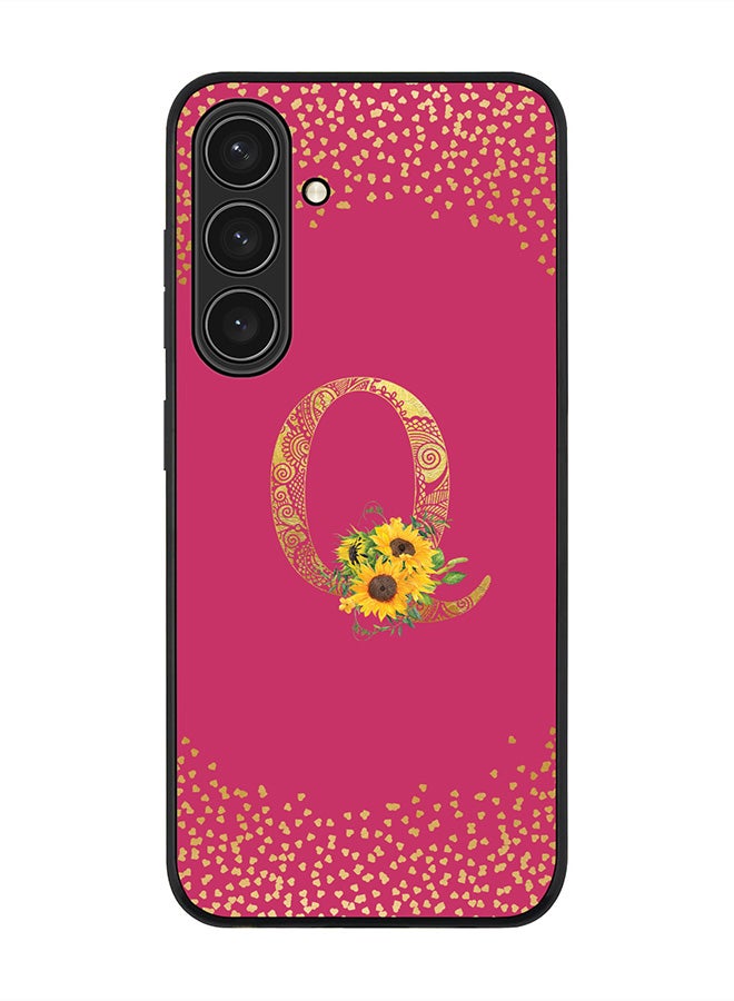 Rugged Black edge case for Samsung Galaxy S24 Plus Case Cover -Custom Monogram Initial Letter Mandala Floral Pattern Alphabet- Q (Pink Rose)