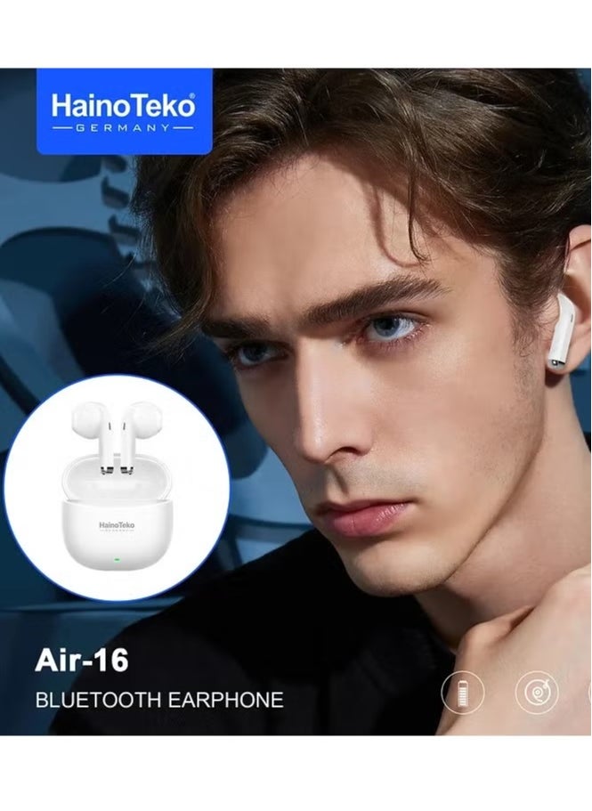 Haino Teko - Wireless AIR-16 In-Ear Bluetooth Earphones – Premium Sound, Comfortable Fit, Free Cover with Hook, Original Quality, Compatible with iOS and Android Devices – Sleek White Design, Sweatproof, High-Performance Audio, Long Battery Life - Image 1