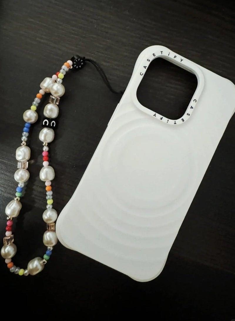 Casetify Colorful Mini Bead Baroque Pearl Phone Charm, Irregular White Pearl Wrist Strap with Rainbow Tiny Beads, Sweet Trendy Girly Phone Lanyard - Image 3