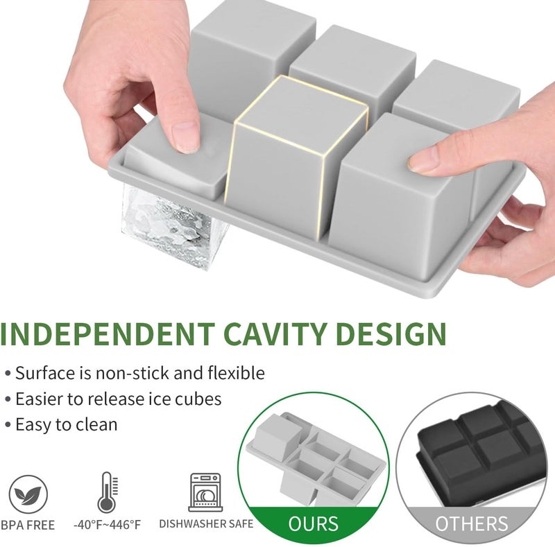 FDDBI Large Ice Cube Tray for Whiskey: Big Square Ice Cube Maker for Cocktail - 3Pack Silicone Old Fashioned Ice Cube Trays - 2inch Huge Cubed Ice Trays for Whisky - Image 2