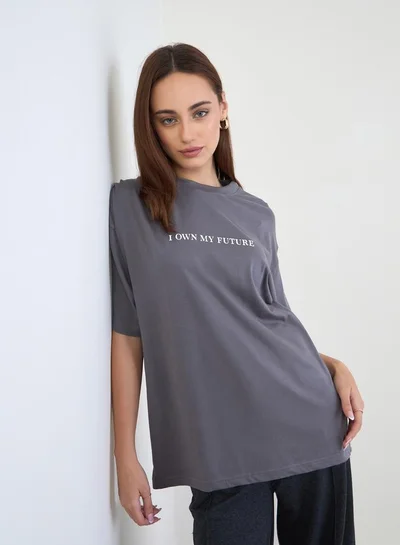 Styli Styli Charcoal Slogan Print Oversized T-Shirt