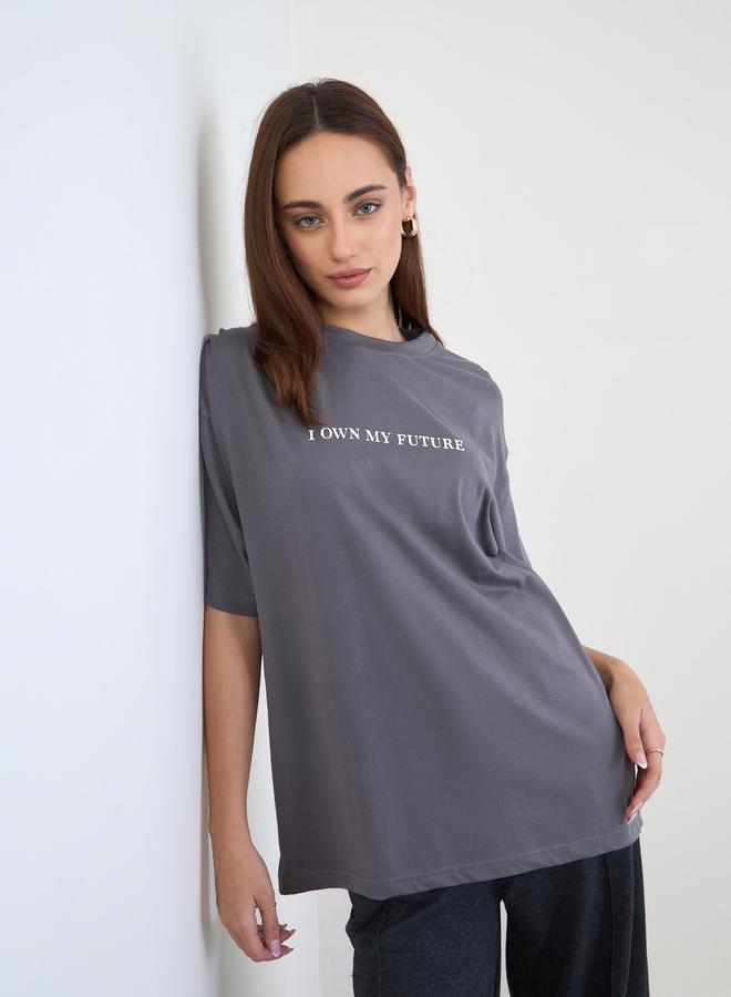 Styli Charcoal Slogan Print Oversized T-Shirt - Image 1