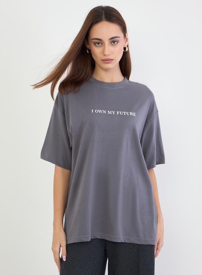 Styli Charcoal Slogan Print Oversized T-Shirt - Image 3