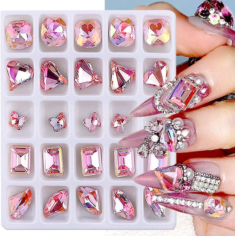 Dornail 25 Pcs Pink Nail Rhinestones & Charms, Shiny Butterfly & Heart Shapes, Rectangular Rhinestones & Diamonds for DIY Craft & Jewelry Nail Design