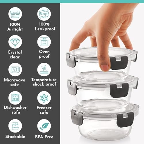 Magnus Glock Solid Glass Lunch Box with Vertical Pouch and Detachable Clip,1 SS Bottle and 3 Round Airtight, Leakproof,Microwave Safe Borosilicate Glass Containers,400 ML Each-Premium Lunch Boxes - Image 5