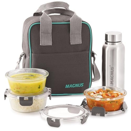 Magnus Glock Solid Glass Lunch Box with Vertical Pouch and Detachable Clip,1 SS Bottle and 3 Round Airtight, Leakproof,Microwave Safe Borosilicate Glass Containers,400 ML Each-Premium Lunch Boxes - Image 1