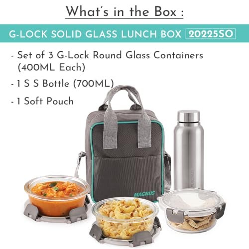 Magnus Glock Solid Glass Lunch Box with Vertical Pouch and Detachable Clip,1 SS Bottle and 3 Round Airtight, Leakproof,Microwave Safe Borosilicate Glass Containers,400 ML Each-Premium Lunch Boxes - Image 2
