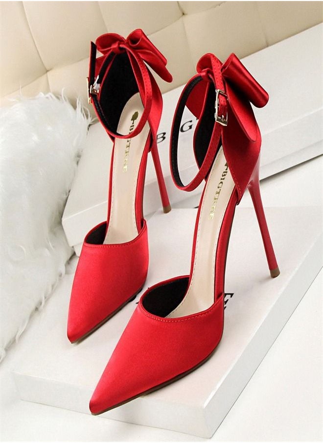 BIGTREE Sweet Shallow Mouth Pointed Bow Thin High Heels 10CM Red 