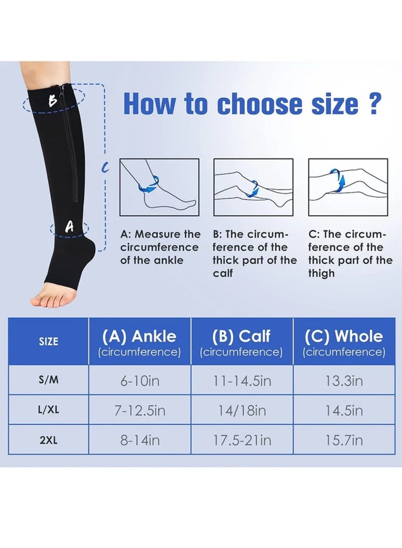2 Pairs Compression Socks Open Toe Compression Stockings Knee High Socks with Zipper Compression Pantyhose 15-20mmHg for Improves Blood Circulation Prevents Leg Swelling (Beige Black) - Image 4