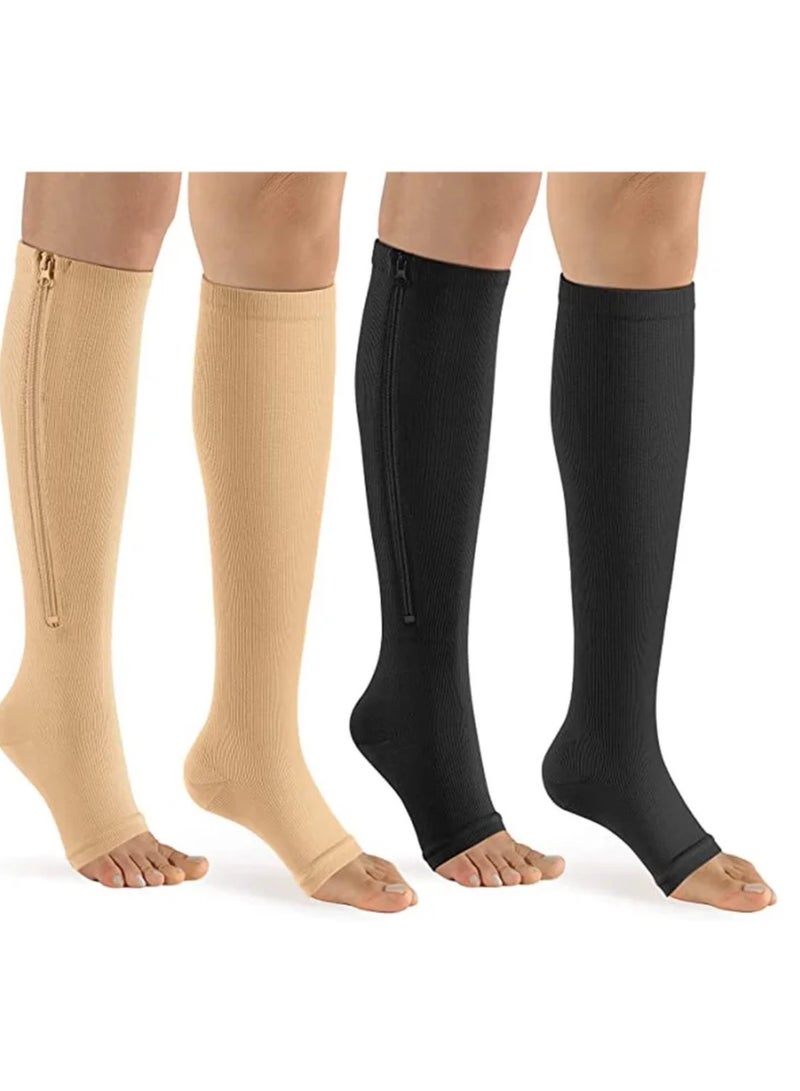 2 Pairs Compression Socks Open Toe Compression Stockings Knee High Socks with Zipper Compression Pantyhose 15-20mmHg for Improves Blood Circulation Prevents Leg Swelling (Beige Black) - Image 1