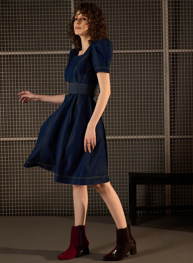 Stylestone  StyleStone Denim Puff Sleeve Knee Length Dress with Belt for Women | Best Price UAE