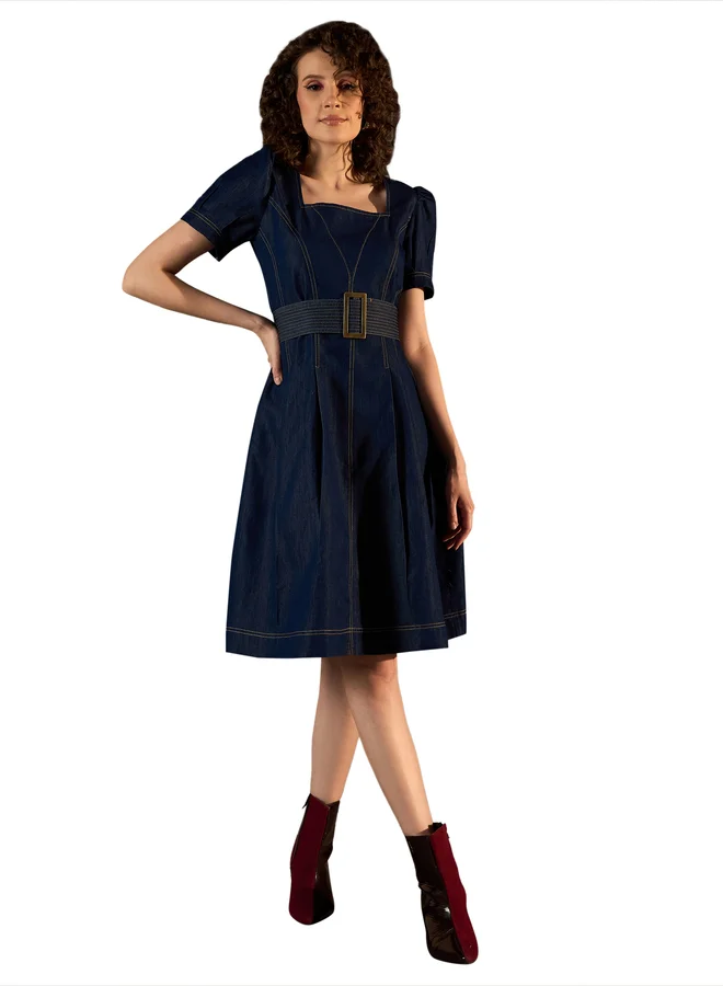Stylestone  StyleStone Denim Puff Sleeve Knee Length Dress with Belt for Women | Best Price UAE