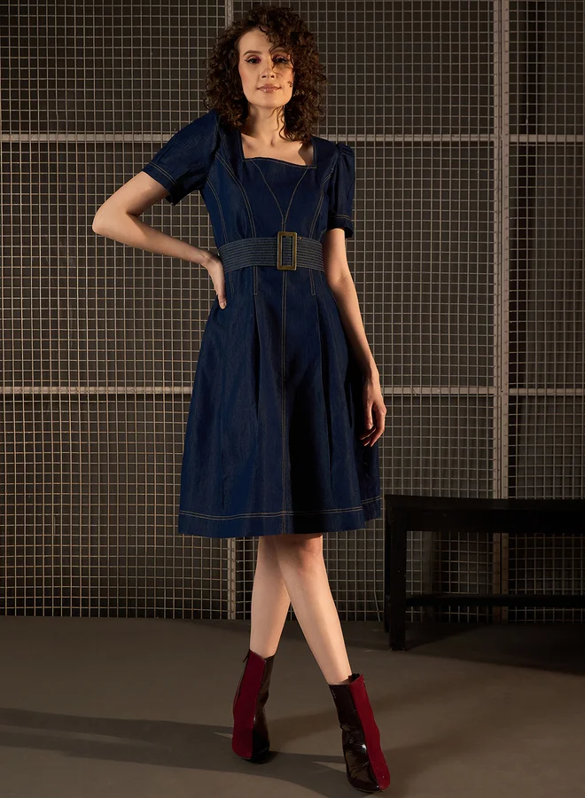 StyleStone StyleStone Denim Puff Sleeve Knee Length Dress with Belt