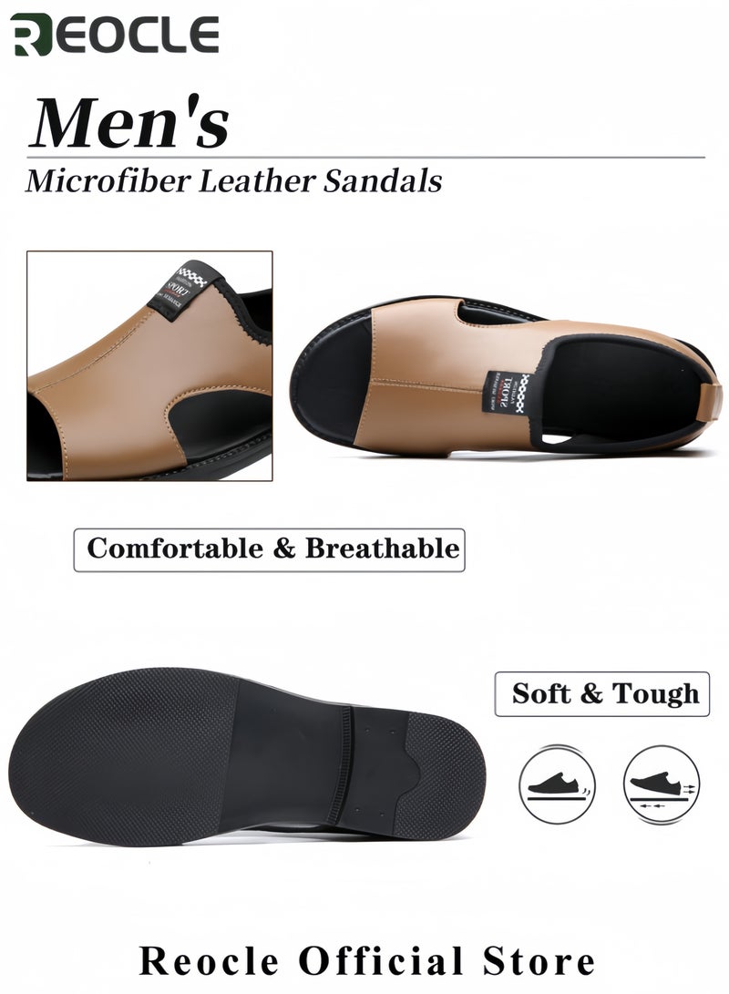 ريوكل صنادل جلدية ميكروفايبر للرجال صنادل صيفية كاجوال لممارسي الرياضة مفتوحة من الأصابع نعل ناعم ومضاد للانزلاق أحذية شاطئية خفيفة الوزن - Image 5