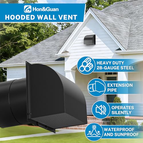 Hon&Guan [Upgraded] Hon&Guan 6 Inch Hooded Wall Vent with Magnetic Seal Flap and Removable Mesh, Arc-Shaped 6'' Exhaust Vent Cover Cap for Kitchen Range Hood/Dryer/Bathroom Exhaust(Galvanized Steel, Black) - Image 2