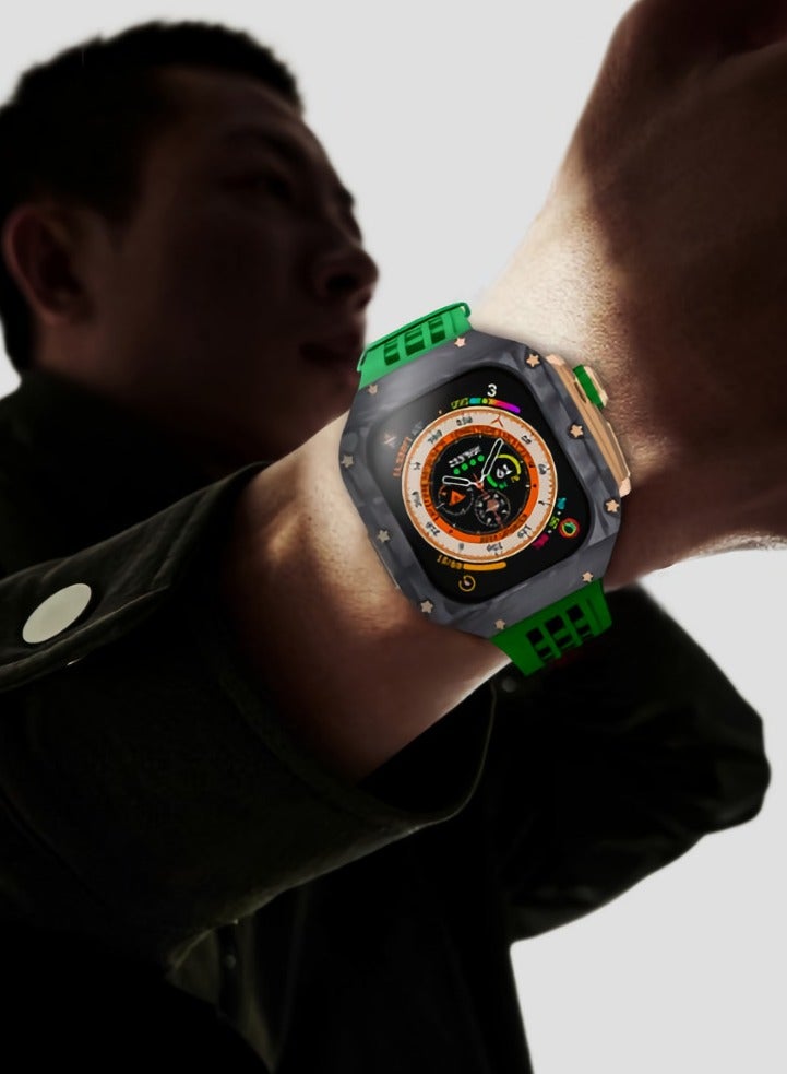 AROAQ Carbon Fiber Case For Apple Watch, 49mm Fluororubber Band Metal Bazel For Iwatch, Ultra Titanium Alloy Integrated Protective Case, (Carbon shell-rose titanium frame-green tape) - Image 4