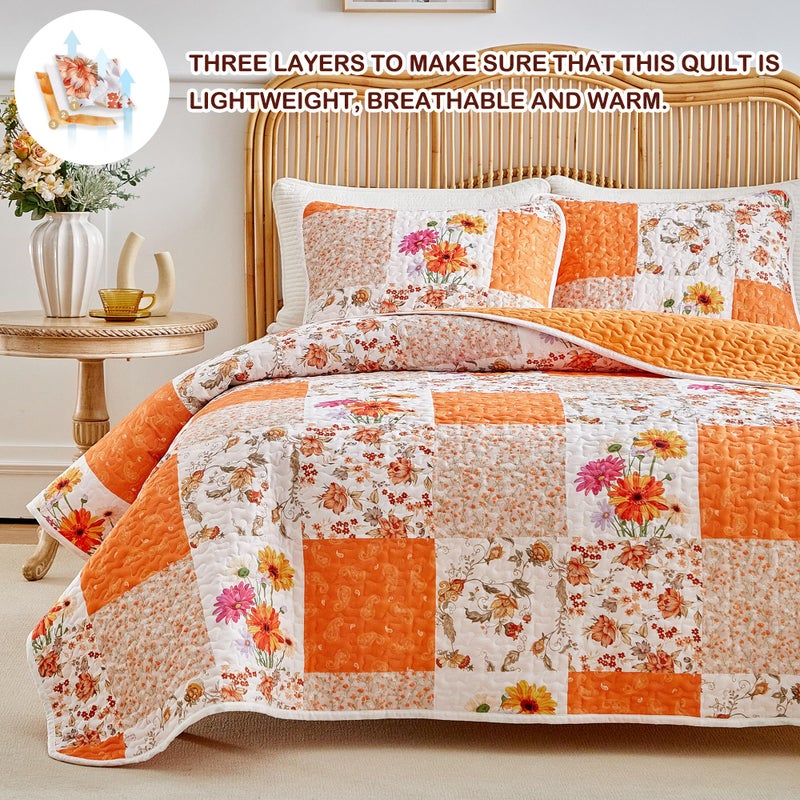 Joyreap 2 Pieces Floral Patchwork Quilt Set Twin, Orange n White Flowers Design, Smooth Soft Microfiber Quilt, Bedspread Bed Cover for All Season- 68x86 inches - Image 3