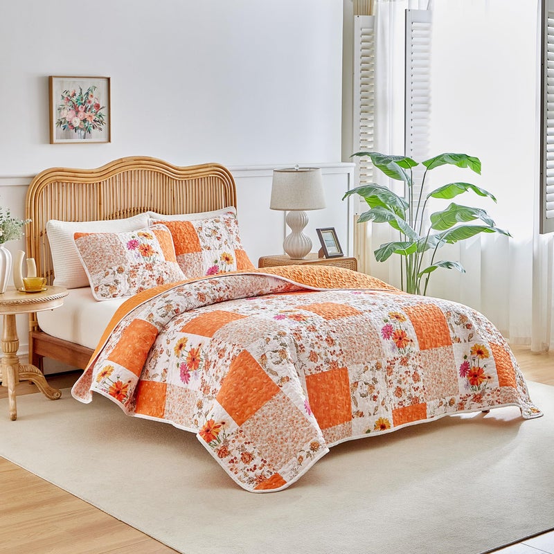 Joyreap 2 Pieces Floral Patchwork Quilt Set Twin, Orange n White Flowers Design, Smooth Soft Microfiber Quilt, Bedspread Bed Cover for All Season- 68x86 inches - Image 2