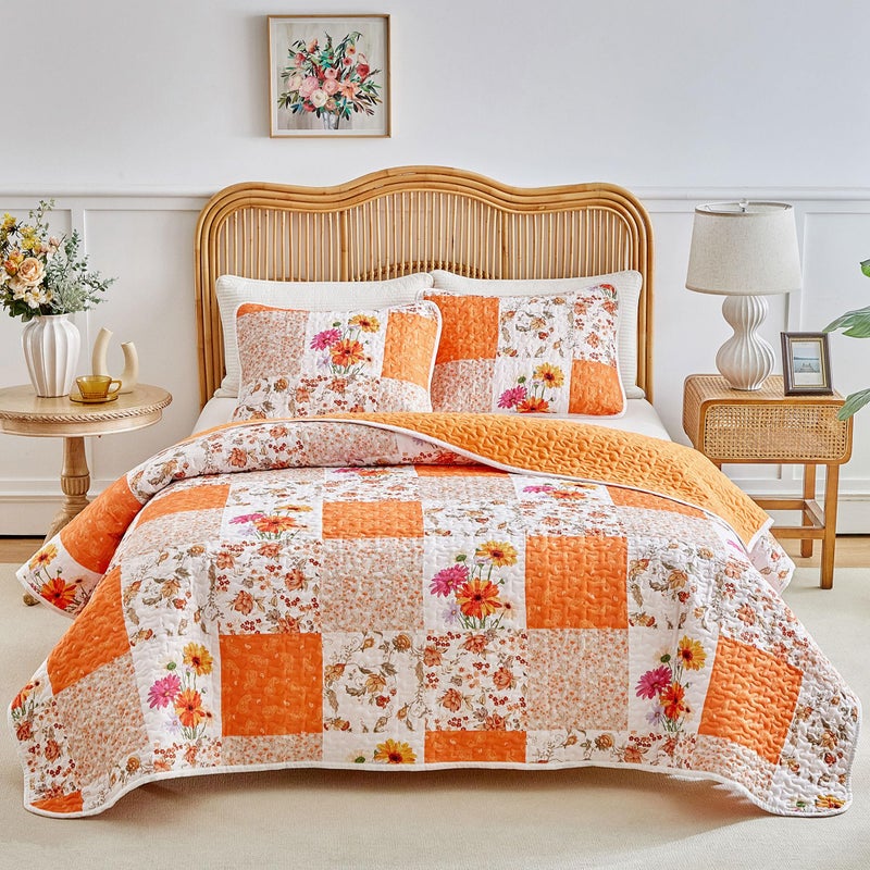 Joyreap 2 Pieces Floral Patchwork Quilt Set Twin, Orange n White Flowers Design, Smooth Soft Microfiber Quilt, Bedspread Bed Cover for All Season- 68x86 inches - Image 1