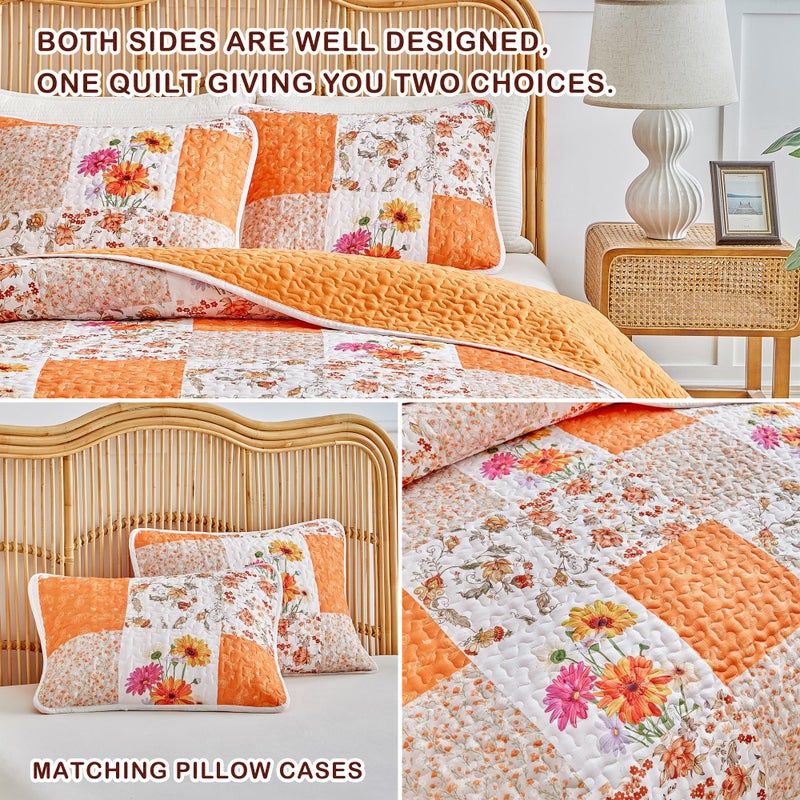 Joyreap 2 Pieces Floral Patchwork Quilt Set Twin, Orange n White Flowers Design, Smooth Soft Microfiber Quilt, Bedspread Bed Cover for All Season- 68x86 inches - Image 5