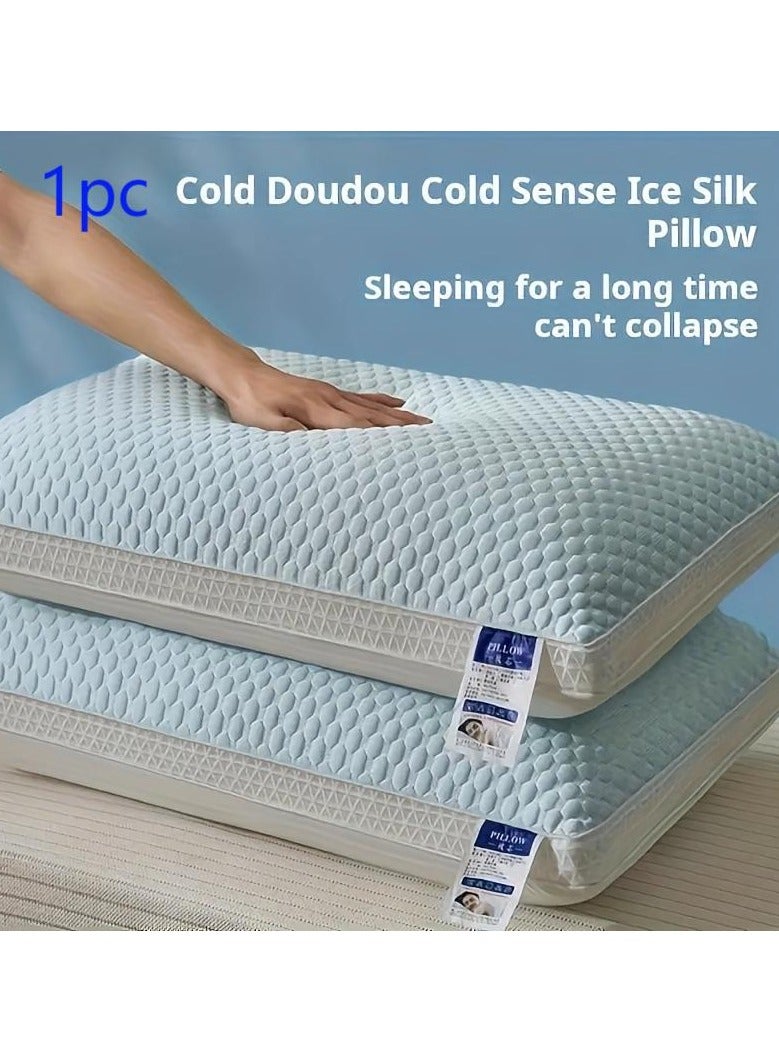 1pc Cooling Ice Fiber Cervical Pillow for Neck Relief & Deep Sleep - Breathable Massage Contour Pillow with Zipper Closure, Machine Washable, All-Season Home Decor for Bedroom & Living Room (Blue)  - Image 1