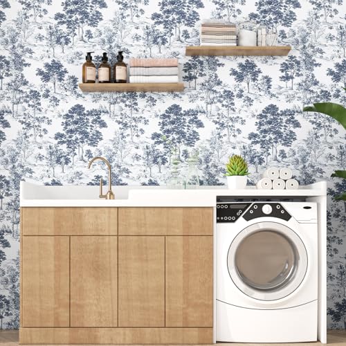 VOLEAAR Toile Wallpaper Peel and Stick, Vintage Toile de Jouy Navy White Landscape Pattern Waterproof Wallpaper for Bedroom Cabinet Backdrop, Vinyl French Country Theme Contact Paper 17.5In x 118In - Image 4