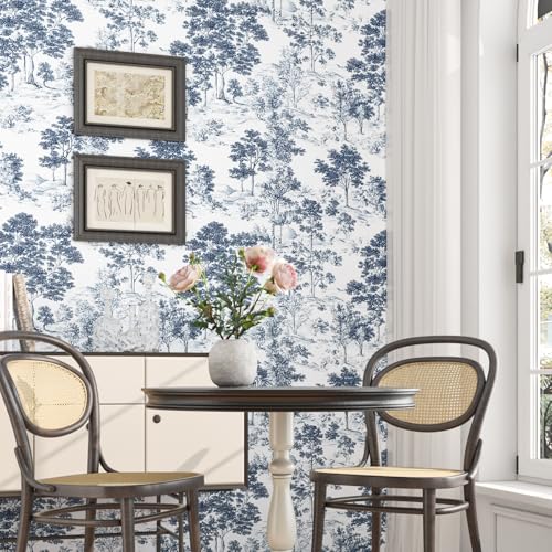 VOLEAAR Toile Wallpaper Peel and Stick, Vintage Toile de Jouy Navy White Landscape Pattern Waterproof Wallpaper for Bedroom Cabinet Backdrop, Vinyl French Country Theme Contact Paper 17.5In x 118In - Image 3