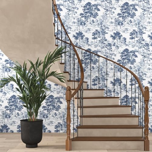 VOLEAAR Toile Wallpaper Peel and Stick, Vintage Toile de Jouy Navy White Landscape Pattern Waterproof Wallpaper for Bedroom Cabinet Backdrop, Vinyl French Country Theme Contact Paper 17.5In x 118In - Image 5