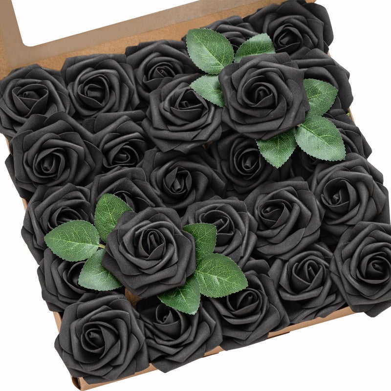 Ling's moment Ling's Moment Artificial Flowers 50Pcs Black Roses Decor w/Stems 3"" Real Touch DIY Foam Floral for Wedding Bouquet/Centerpieces  Outdoors Party Backdrop  Room/Table  and Garden/Pot Decorations  - Image 1