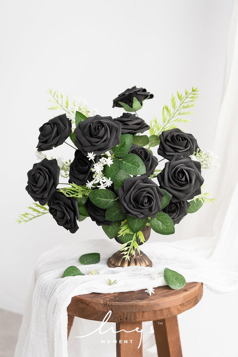 Ling's moment Ling's Moment Artificial Flowers 50Pcs Black Roses Decor w/Stems 3"" Real Touch DIY Foam Floral for Wedding Bouquet/Centerpieces  Outdoors Party Backdrop  Room/Table  and Garden/Pot Decorations  - Image 2