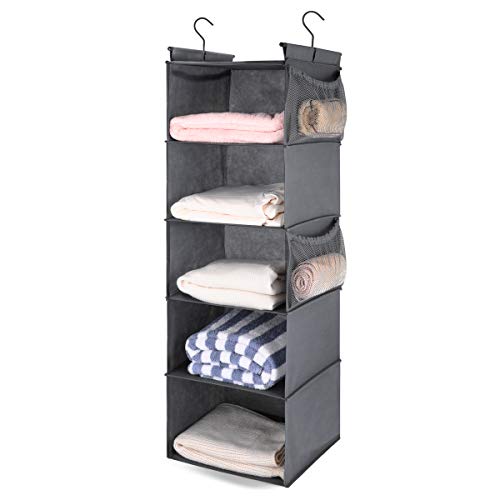 MAX Houser 5 Shelf Hanging Closet Organizer, Space Saver, Cloth Hanging Shelves with 4 Side Pockets, Foldable, Grey - Image 1