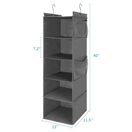 MAX Houser 5 Shelf Hanging Closet Organizer, Space Saver, Cloth Hanging Shelves with 4 Side Pockets, Foldable, Grey - Image 2