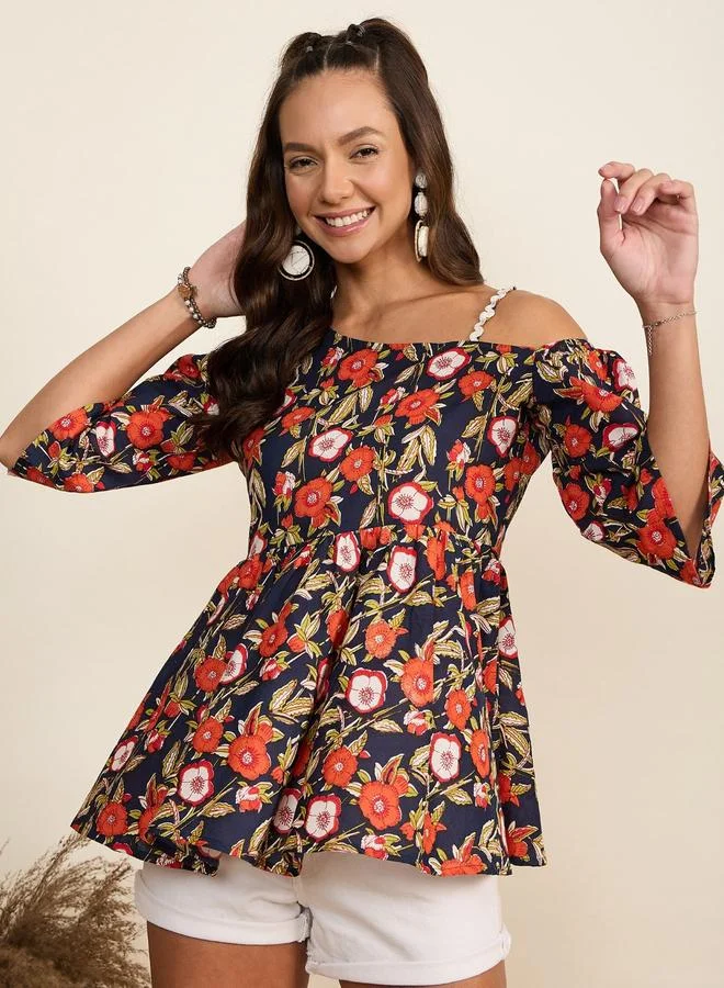 WineRed Women Navy Floral Print One Shoulder Top