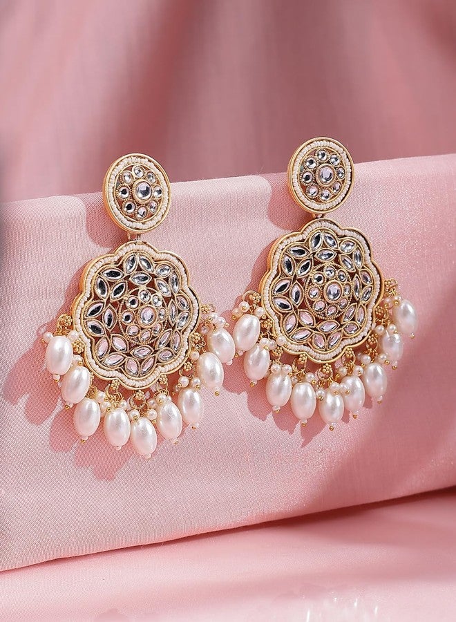 ADIVA 22K Gold-Plated Kundan & Glossy Green Pearls & Stone Studded Meenakari Designer Chandbali Earrings Set for women, Traditional Stylish Jhumka for Girls Party, Wedding, Festive - Image 4